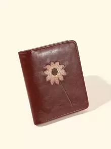 Cartera de mujer con bordado floral, ventana para tarjeta de crédito pequeña y plegable en tres partes, ligera y portátil, de estilo minimalista y moderno, ideal como regalo de aniversario, San Valentín, cumpleaños, maestros, para mujeres, niñas, damas, con diseño de hibisco - Burdeos - Ver 2