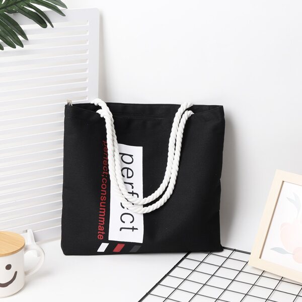 

Letter Graphic Shoulder Tote Bag, Black