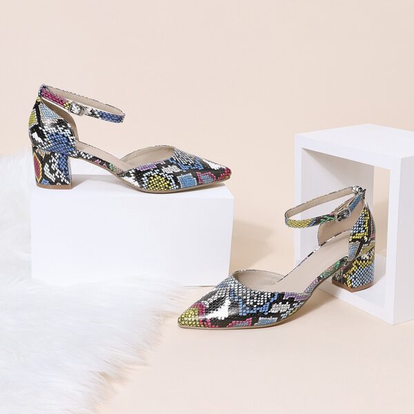 

Snakeskin Chunky Heeled Ankle Strap Pumps, Multicolor