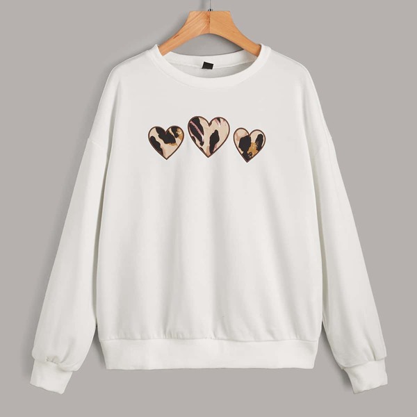 

Drop Shoulder Heart Print Pullover, White