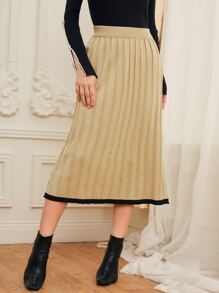 SHEIN High Waist Ribbed Knit Contrast Trim Knit Skirt - Khaki - View 1