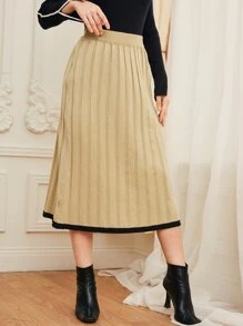 SHEIN High Waist Ribbed Knit Contrast Trim Knit Skirt - Khaki - View 5