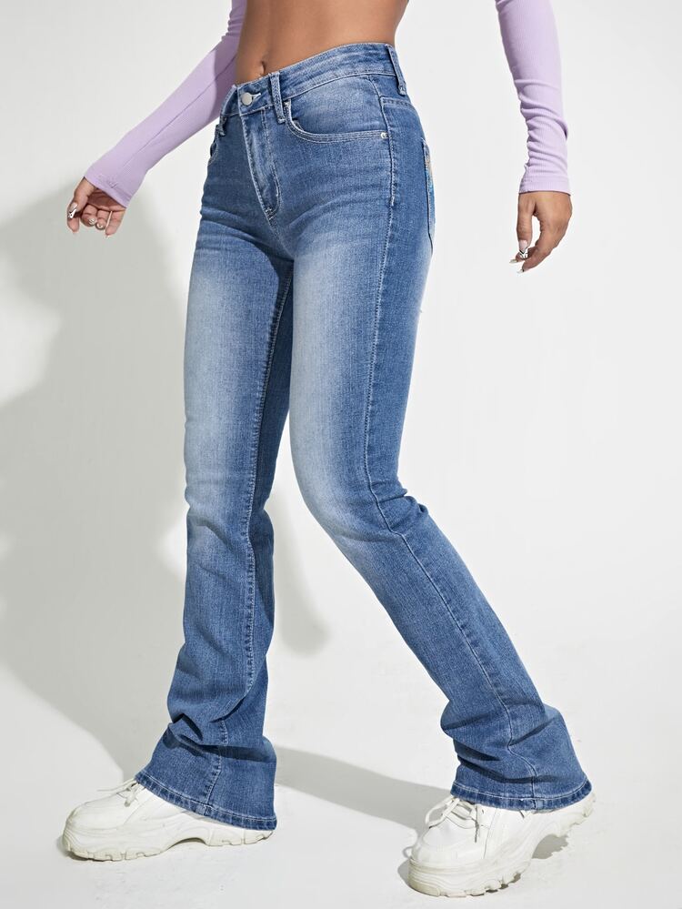 SHEIN Unity 刺繡細節男友牛仔褲 - 中等水洗藍 - 查看 2