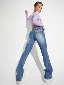 SHEIN Unity 刺繡細節男友牛仔褲 - 中等水洗藍 - 查看 4