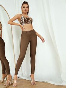 SHEIN Privé High Stretch Solid Skinny Jeans - Mocha Brown - View 4