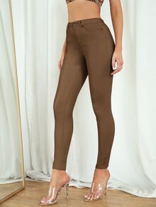 SHEIN Privé High Stretch Solid Skinny Jeans - Mocha Brown - View 5