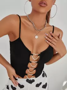 SHEIN ICON Áo hai dây Cắt ra Pha lê kim cương Tim Gợi cảm - màu đen - Xem 1