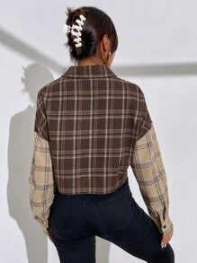 SHEIN Unity 格紋落肩袖撞色襯衫