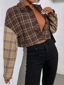 SHEIN Unity 格紋落肩袖撞色襯衫