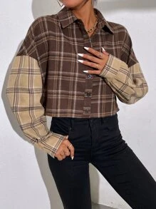 SHEIN Unity 格紋落肩袖撞色襯衫