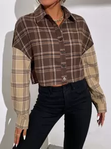 SHEIN Unity 格紋落肩袖撞色襯衫