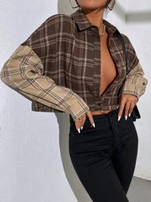 SHEIN Unity 格紋落肩袖撞色襯衫