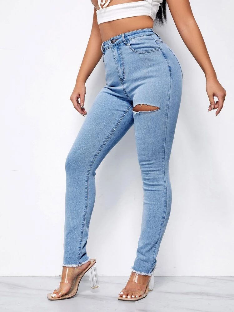 SHEIN High Waist Ripped Raw Hem Skinny Jeans - Light Wash - View 1