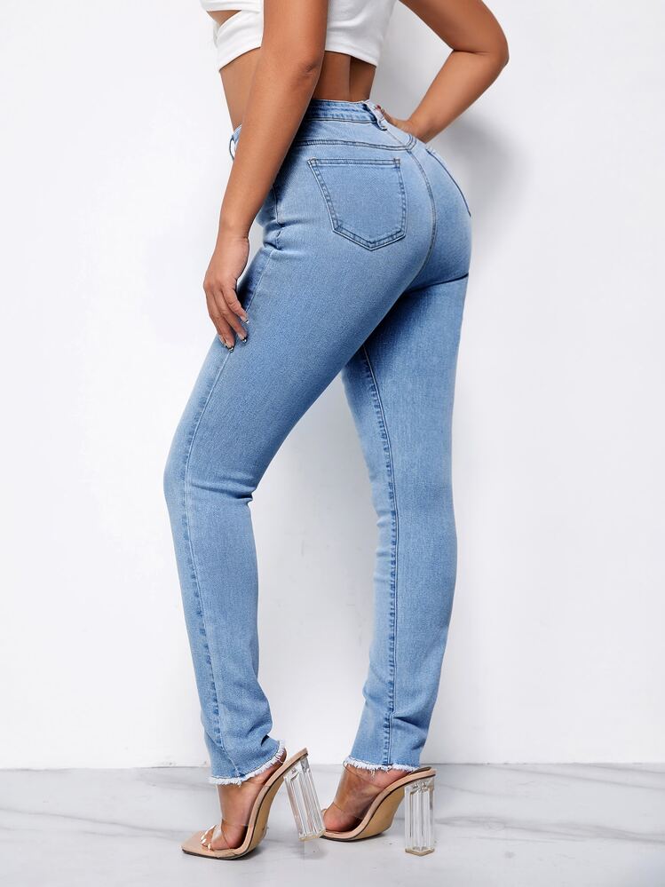 SHEIN High Waist Ripped Raw Hem Skinny Jeans - Light Wash - View 2