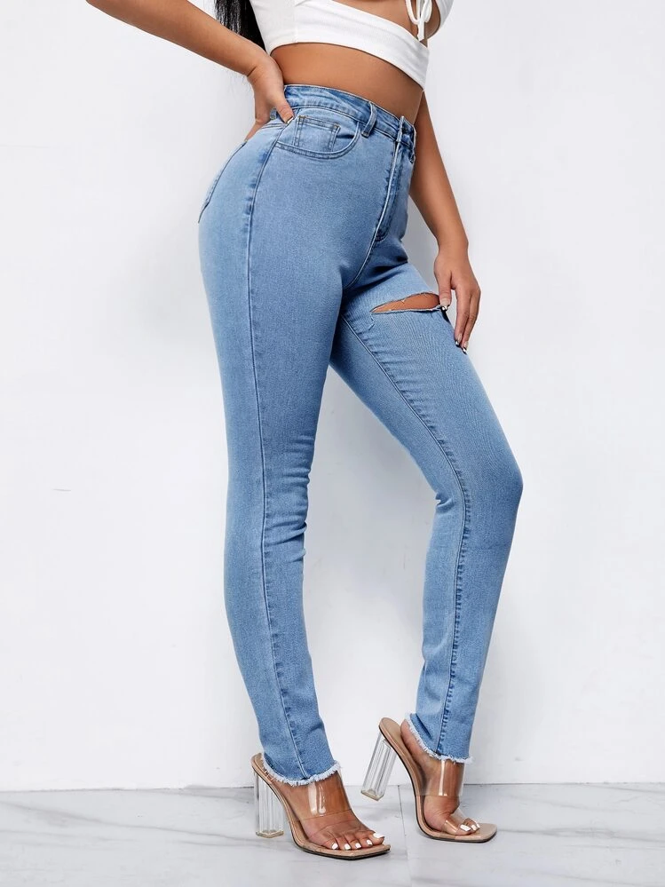 SHEIN High Waist Ripped Raw Hem Skinny Jeans - Light Wash - View 3