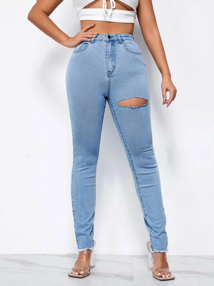 SHEIN High Waist Ripped Raw Hem Skinny Jeans - Light Wash - View 4