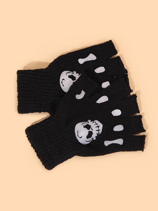 Skull Print Fingerless Gloves