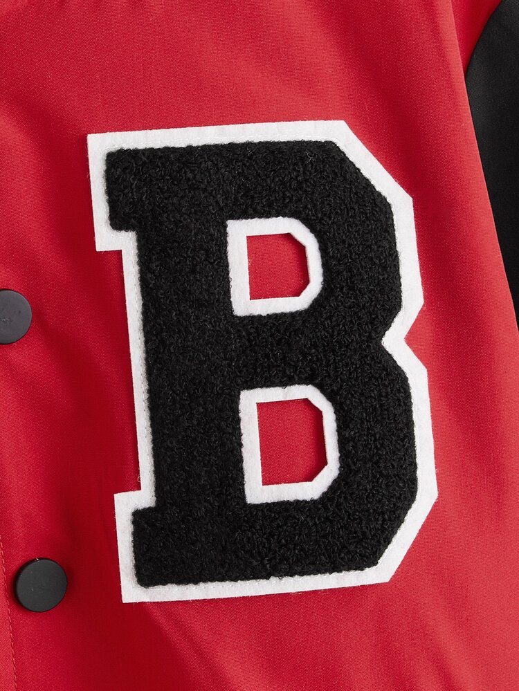 SHEIN Boys Letter Patch Detail Two Tone Varsity Jacket - Red - View 4