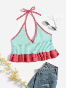 SHEIN VCAY Áo dệt kim nữ Viên lá sen Buộc lại Khối Màu Gợi cảm - Nhiều màu - Xem 1