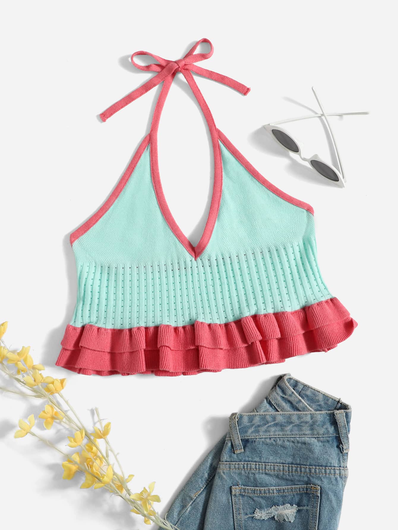 SHEIN VCAY Áo dệt kim nữ Viên lá sen Buộc lại Khối Màu Gợi cảm - Nhiều màu - Xem 1