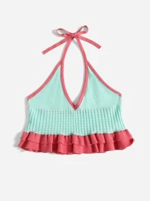 SHEIN VCAY Áo dệt kim nữ Viên lá sen Buộc lại Khối Màu Gợi cảm - Nhiều màu - Xem 3