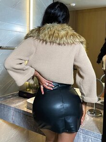 SHEIN Unity Borg Collar Crop Cardigan - Khaki - View 2