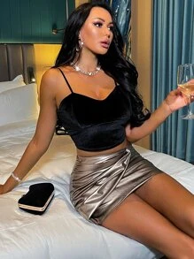 Twist Front PU Leather Bodycon Skirt - Bronze - View 3