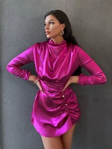 SHEIN BIZwear 垂褶褶邊假鈕扣緞面連衣裙 - 中紫紅色 - 查看 1