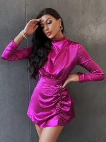 SHEIN BIZwear 垂褶褶邊假鈕扣緞面連衣裙 - 中紫紅色 - 查看 3