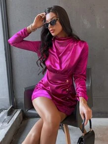 SHEIN BIZwear 垂褶褶邊假鈕扣緞面連衣裙 - 中紫紅色 - 查看 5