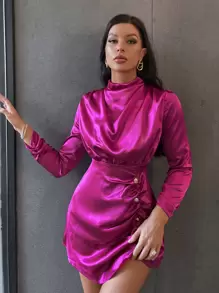 SHEIN BIZwear 垂褶褶邊假鈕扣緞面連衣裙 - 中紫紅色 - 查看 6