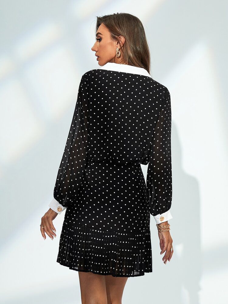 Polka Dot Contrast Collar Shirt Dress - Black and White - View 2