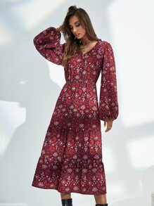 فستان بحافة مكشكش باكمام بيشوب بطباعة شامل