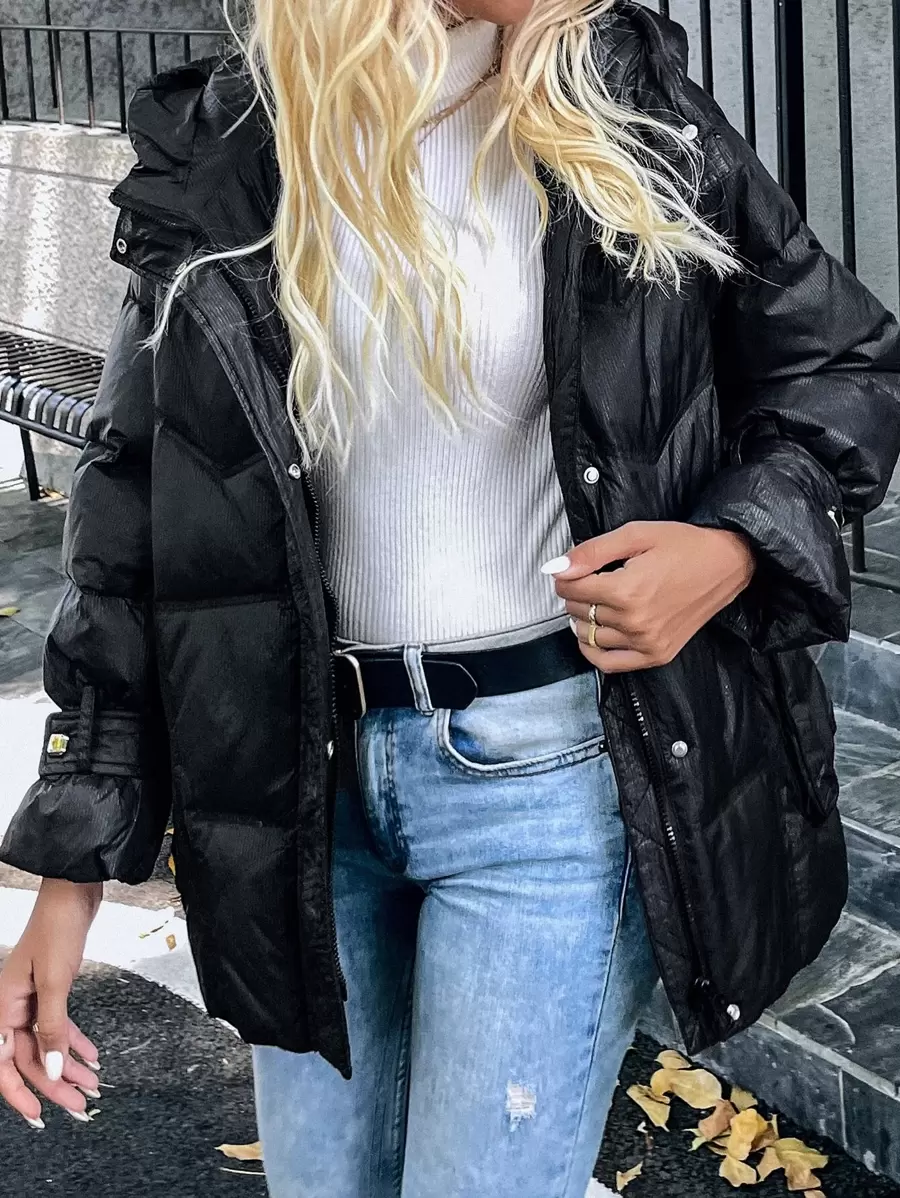 Chiquease Solid Zipper Up Hooded Down Coat Fall Cloth For Women - Black - View 1