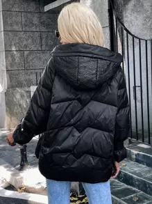 Chiquease Solid Zipper Up Hooded Down Coat Fall Cloth For Women - Black - View 2