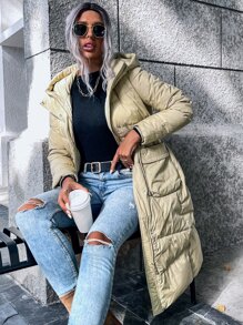 SHEIN LUNE Zip Up Snap Button Hooded Down Coat - Khaki - View 1