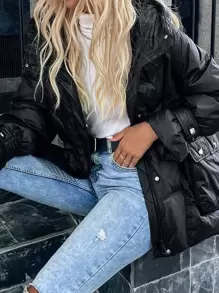 Chiquease Solid Zipper Up Hooded Down Coat Fall Cloth For Women - Black - View 3