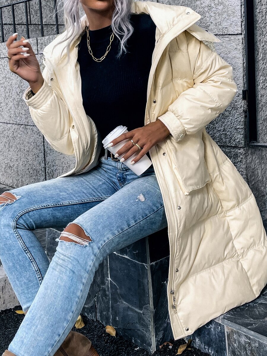 SHEIN LUNE Áo lông nữ Túi Dây kéo màu trơn Giải trí - Màu be - Xem 1