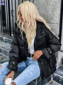 Chiquease Solid Zipper Up Hooded Down Coat Fall Cloth For Women - Black - View 4