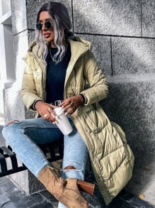 SHEIN LUNE Zip Up Snap Button Hooded Down Coat - Khaki - View 3