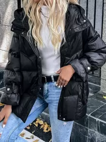 Chiquease Solid Zipper Up Hooded Down Coat Fall Cloth For Women - Black - View 5