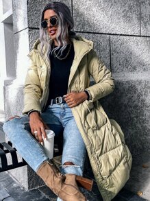 SHEIN LUNE Zip Up Snap Button Hooded Down Coat - Khaki - View 4