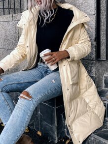 SHEIN LUNE Áo lông nữ Túi Dây kéo màu trơn Giải trí - Màu be - Xem 3