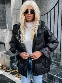 Chiquease Solid Zipper Up Hooded Down Coat Fall Cloth For Women - Black - View 6