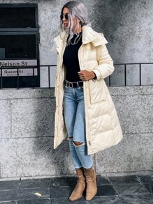 SHEIN LUNE Áo lông nữ Túi Dây kéo màu trơn Giải trí - Màu be - Xem 4