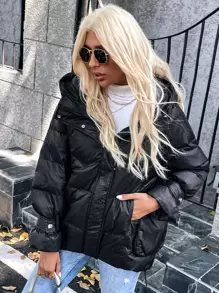 Chiquease Solid Zipper Up Hooded Down Coat Fall Cloth For Women - Black - View 7