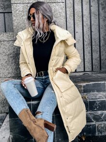 SHEIN LUNE Áo lông nữ Túi Dây kéo màu trơn Giải trí - Màu be - Xem 5