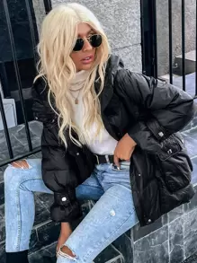 Chiquease Solid Zipper Up Hooded Down Coat Fall Cloth For Women - Black - View 8