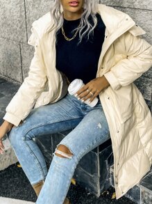 SHEIN LUNE Áo lông nữ Túi Dây kéo màu trơn Giải trí - Màu be - Xem 7