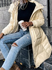 SHEIN LUNE Áo lông nữ Túi Dây kéo màu trơn Giải trí - Màu be - Xem 8